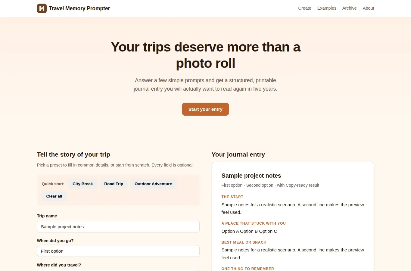 Screenshot of Travel Memory Prompter interface showing the project page in use